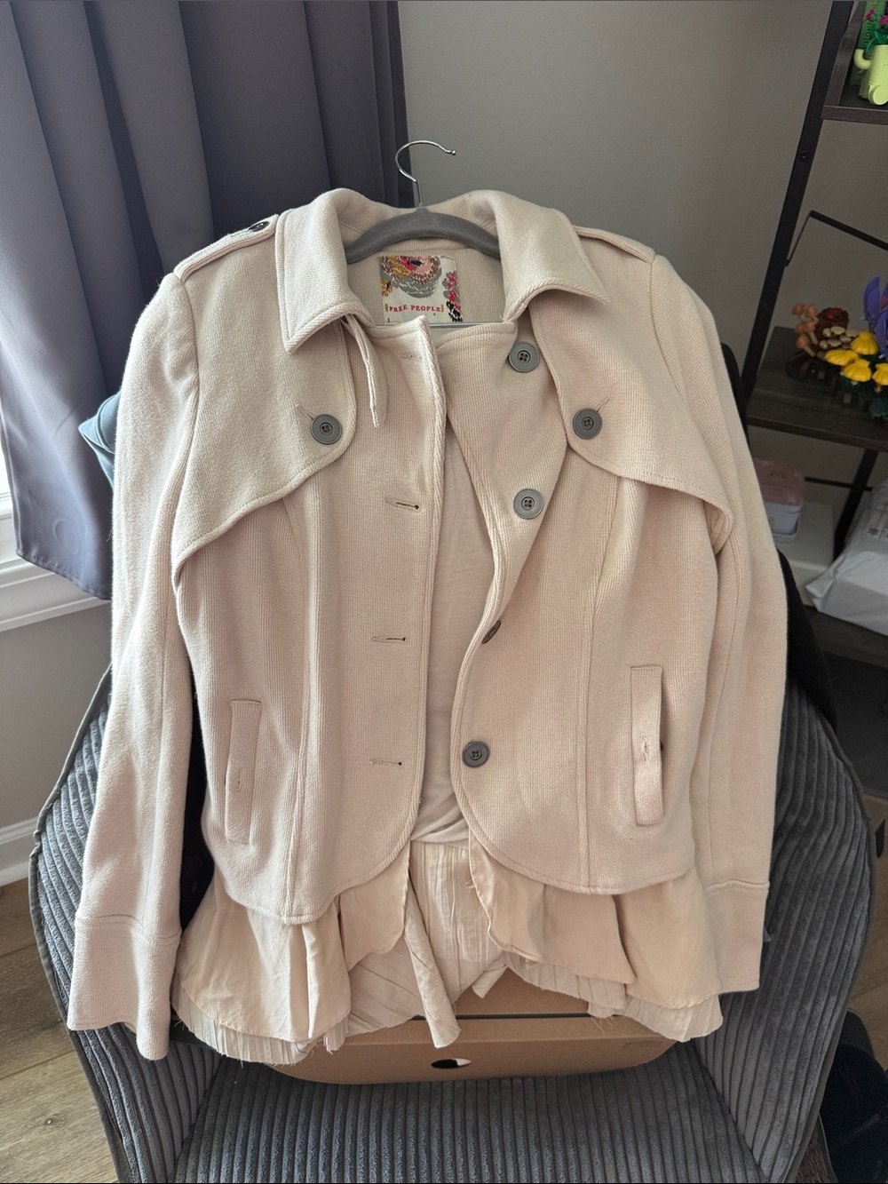 Vintage Free People Ruffle Military Jacket Cream Size 8 | Boho Peplum